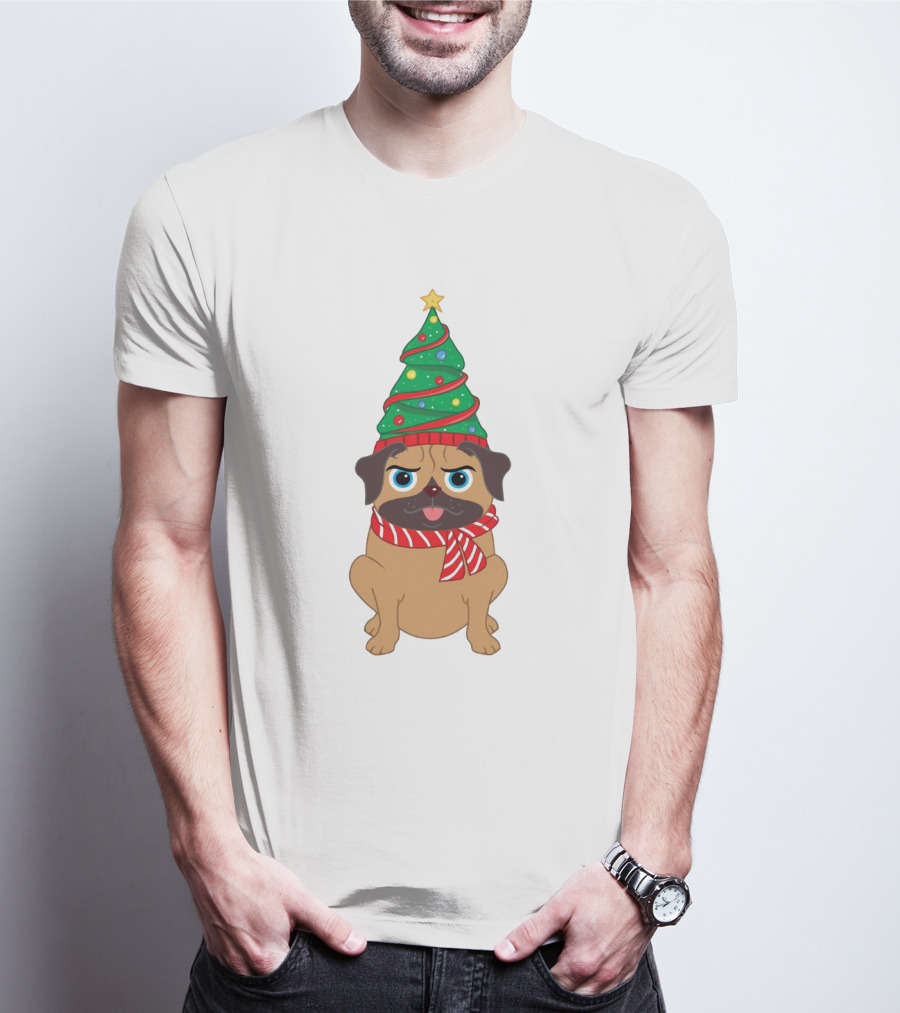 Snuggly Pug With Christmas Tree Hat And Festive Scarf Holiday T-Shirt