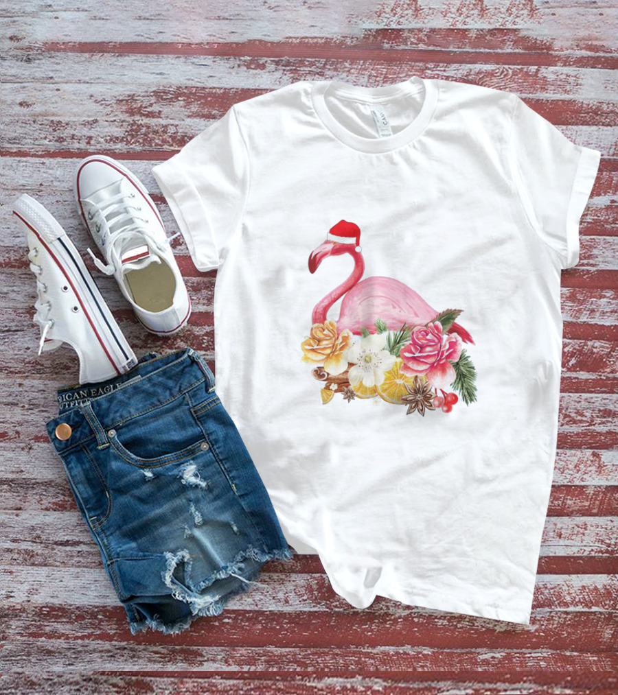 Festive Flamingo With Santa Hat And Holiday Floral Arrangement T-Shirt