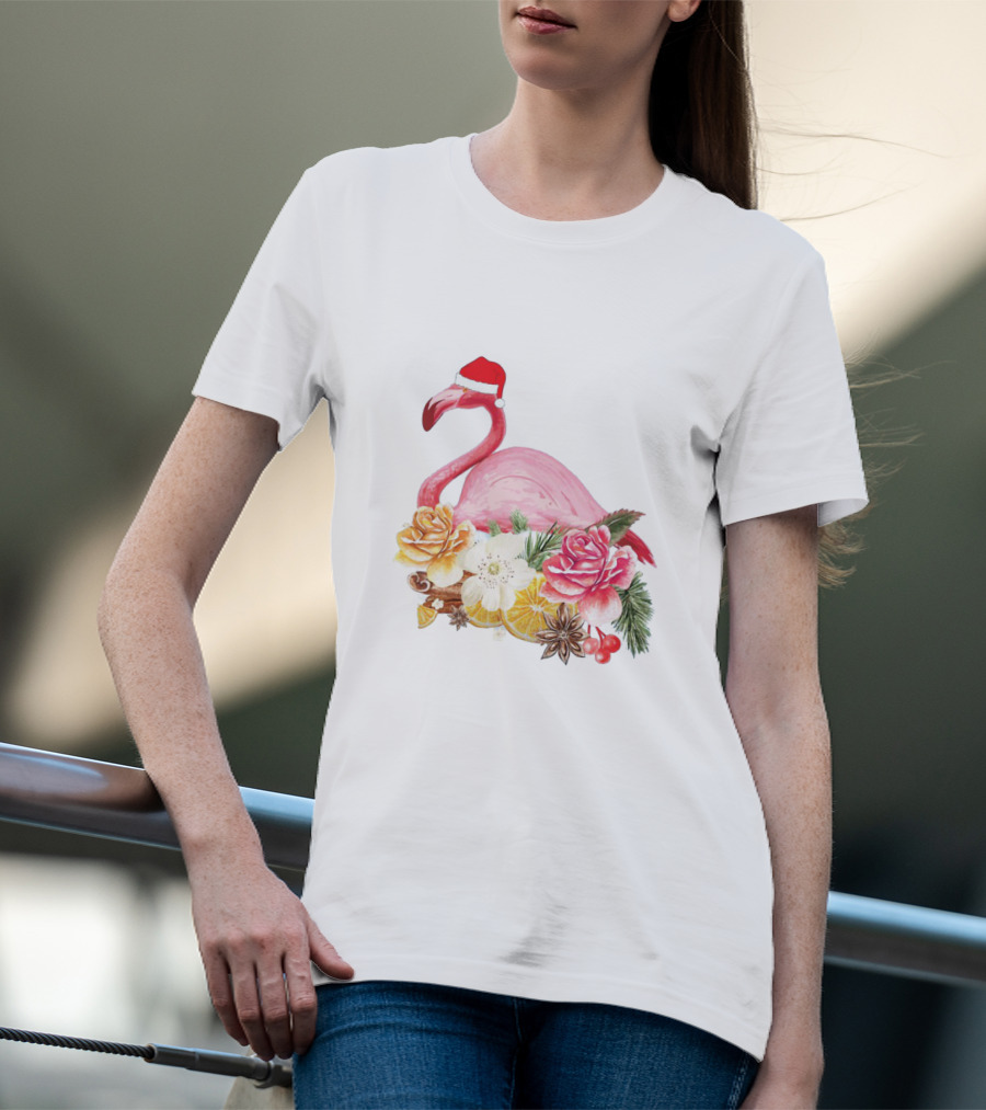 Festive Flamingo With Santa Hat And Holiday Floral Arrangement T-Shirt