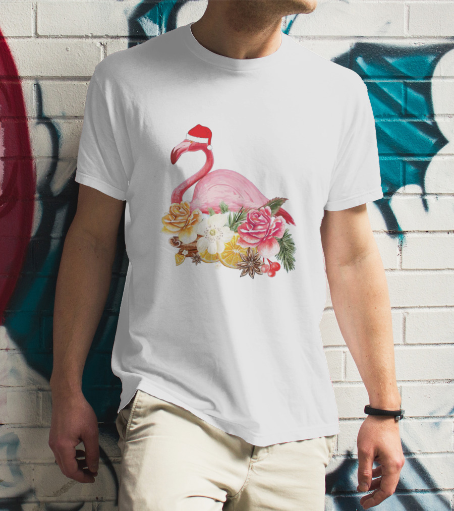 Festive Flamingo With Santa Hat And Holiday Floral Arrangement T-Shirt