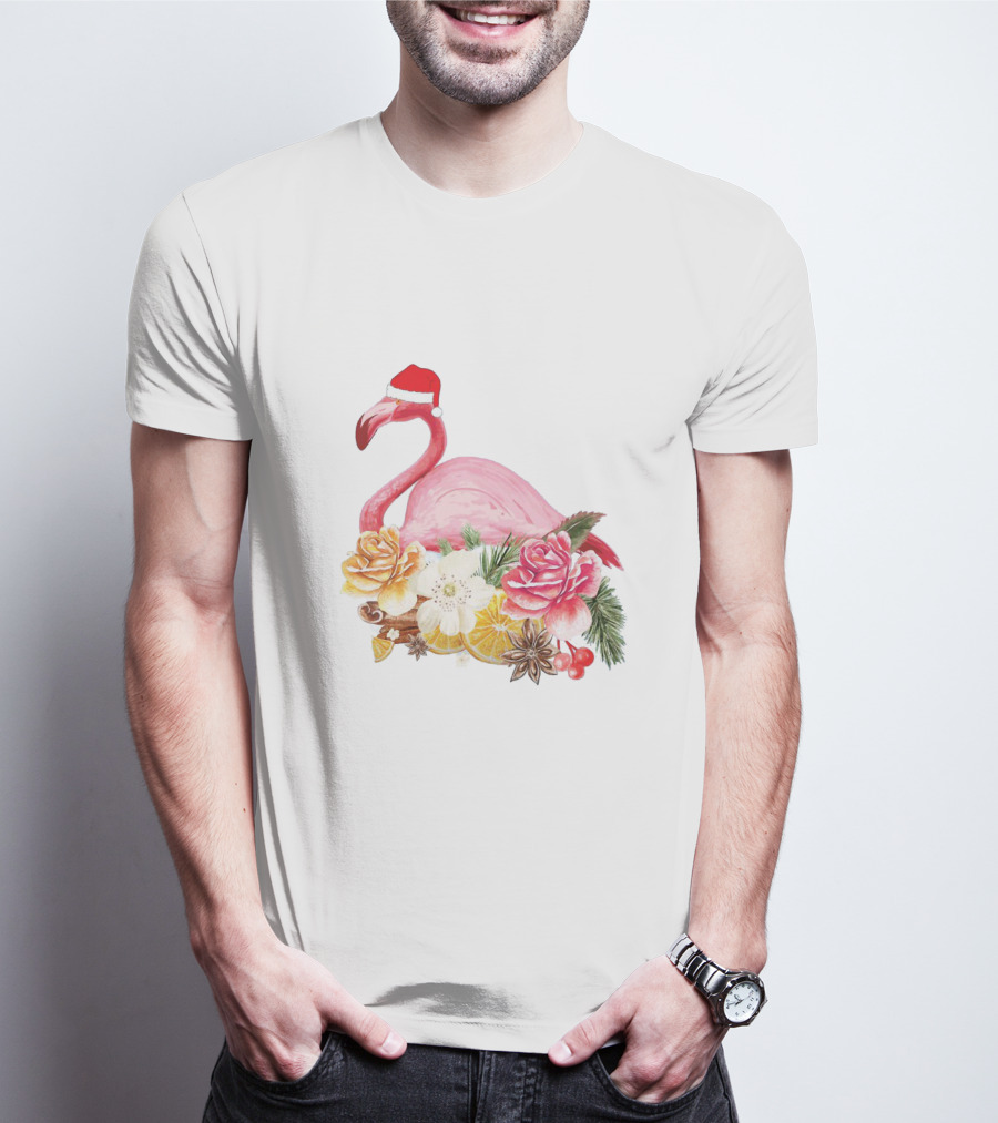 Festive Flamingo With Santa Hat And Holiday Floral Arrangement T-Shirt