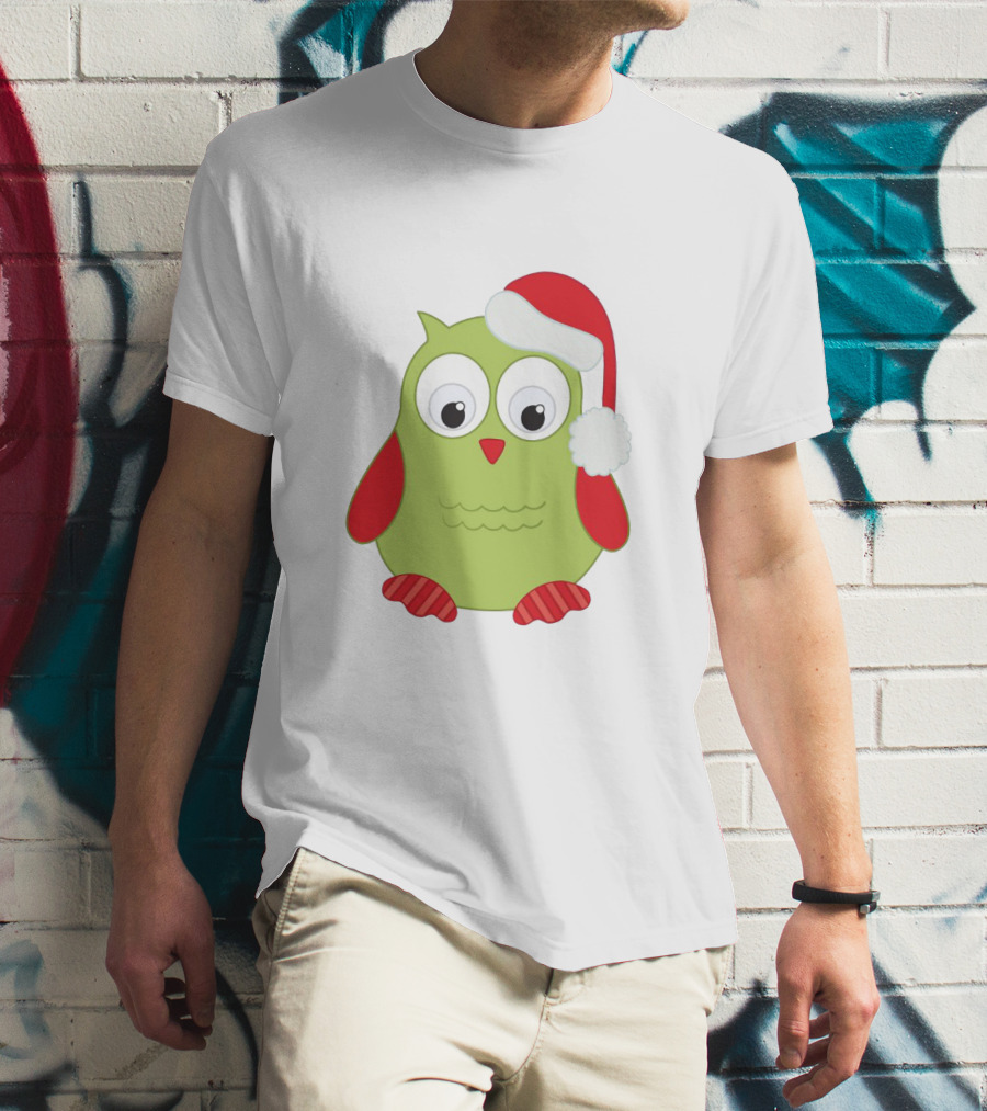 Cute Santa Owl Christmas Green And Red Cartoon Owl Santa Hat T-Shirt