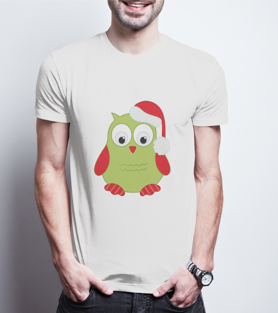 Cute Santa Owl Christmas Green And Red Cartoon Owl Santa Hat T-Shirt