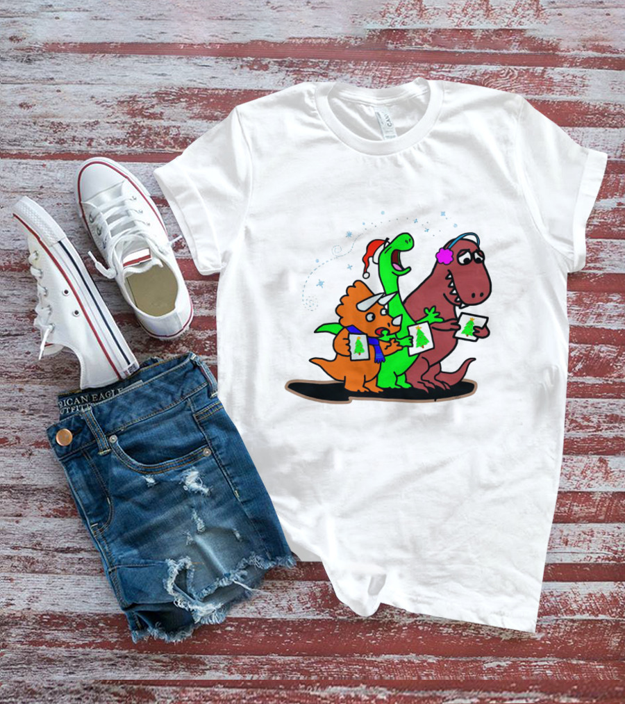 Dinosaur Trio Singing Christmas Carols With Festive Hats And Tree Cards T-Shirt