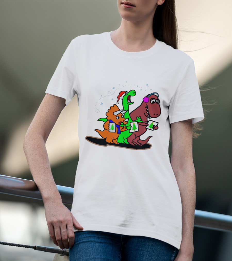 Dinosaur Trio Singing Christmas Carols With Festive Hats And Tree Cards T-Shirt