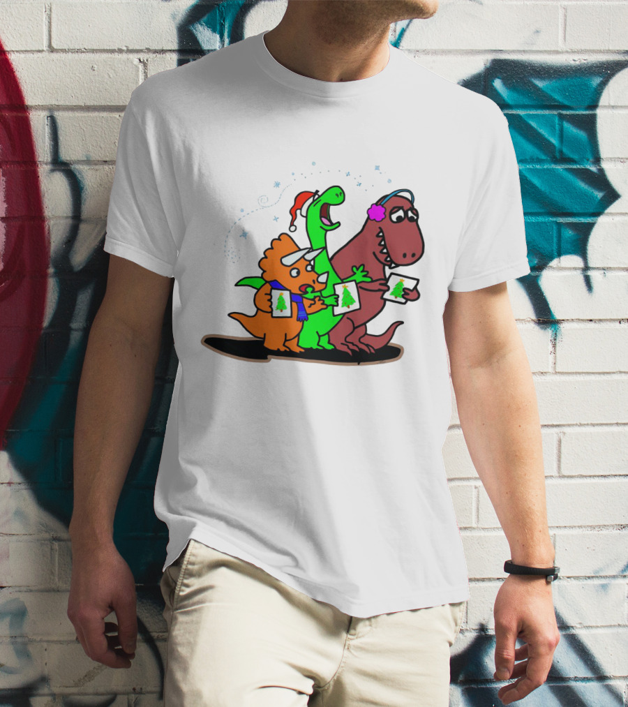 Dinosaur Trio Singing Christmas Carols With Festive Hats And Tree Cards T-Shirt