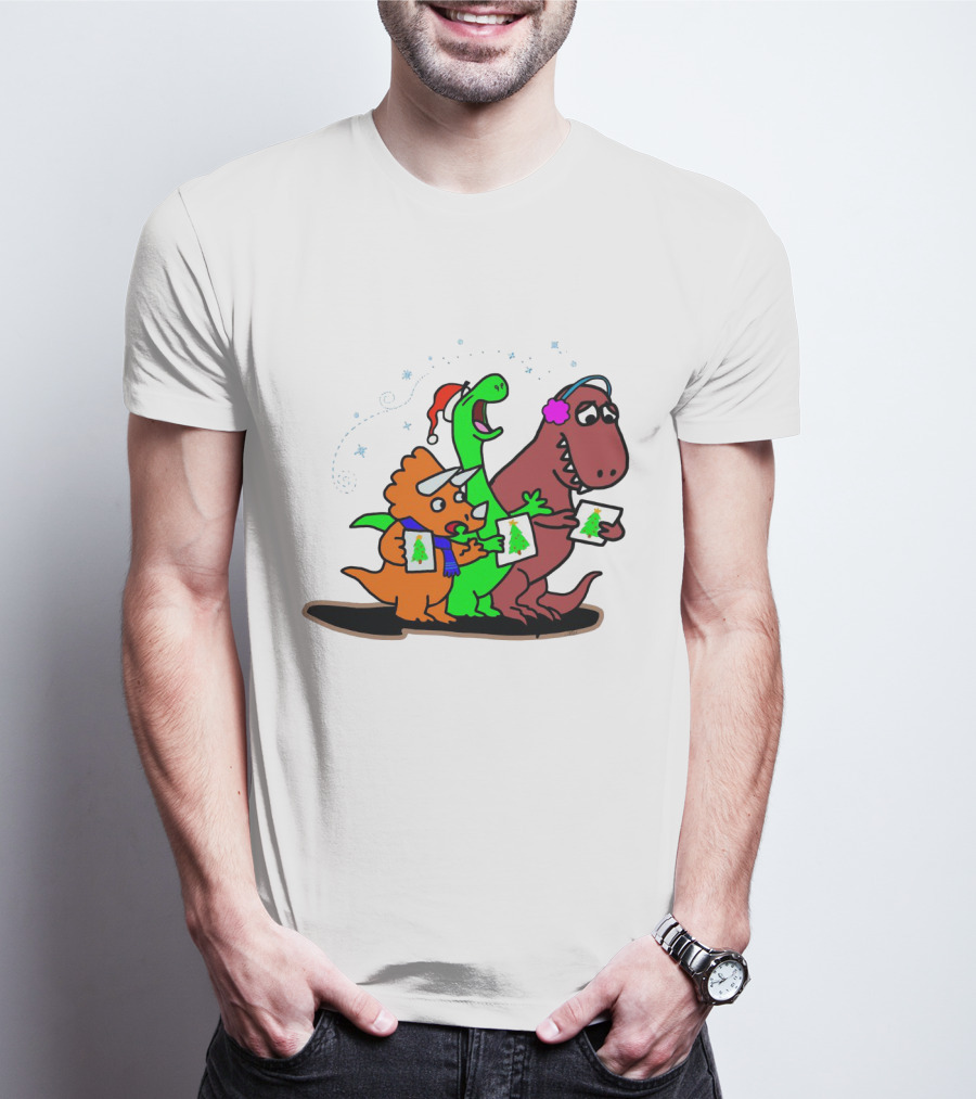 Dinosaur Trio Singing Christmas Carols With Festive Hats And Tree Cards T-Shirt