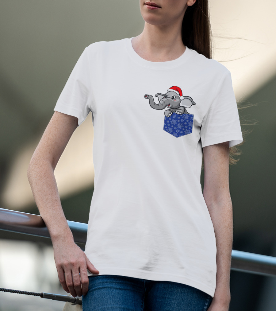 Christmas Holiday Pocket Elephant With Santa Hat And Blue Snowflake Pattern Pocket T-Shirt