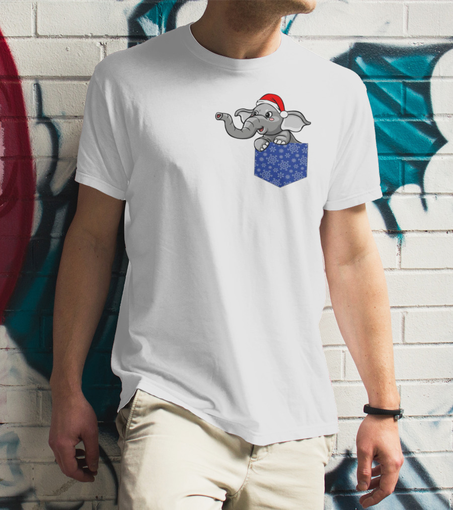 Christmas Holiday Pocket Elephant With Santa Hat And Blue Snowflake Pattern Pocket T-Shirt