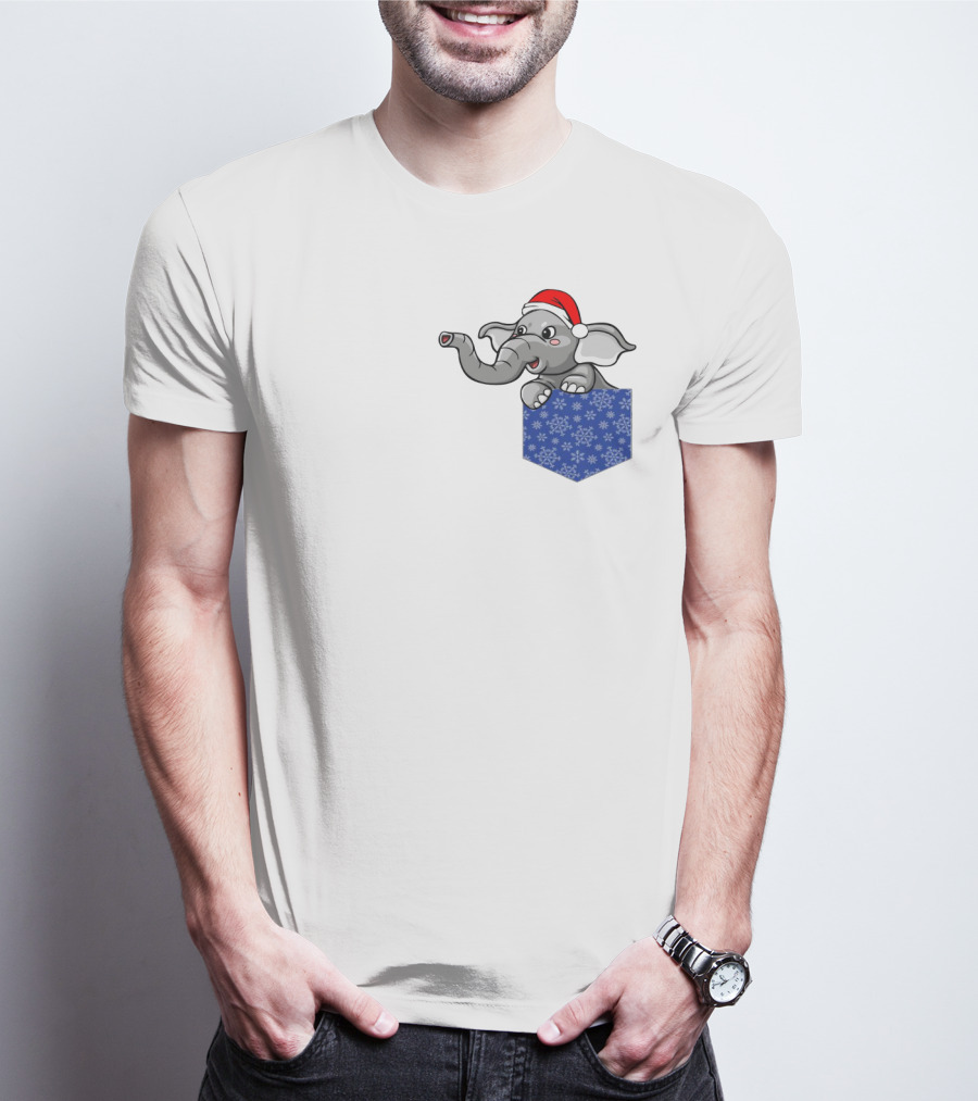 Christmas Holiday Pocket Elephant With Santa Hat And Blue Snowflake Pattern Pocket T-Shirt