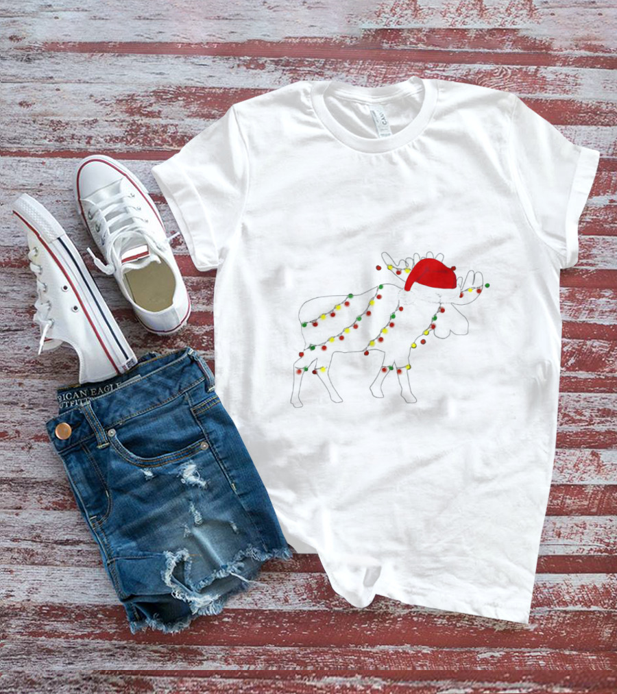 Christmas Moose Wrapped In Colorful Lights Santa Hat Family Matching Holiday T-Shirt