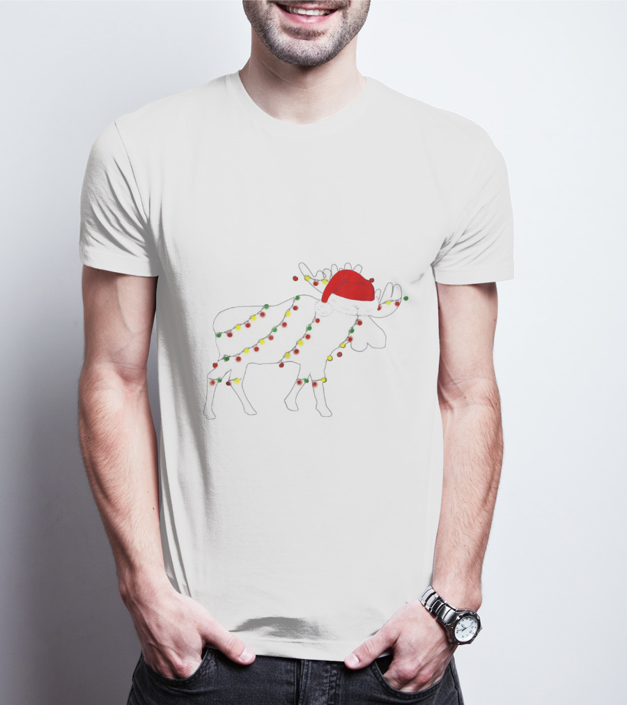 Christmas Moose Wrapped In Colorful Lights Santa Hat Family Matching Holiday T-Shirt