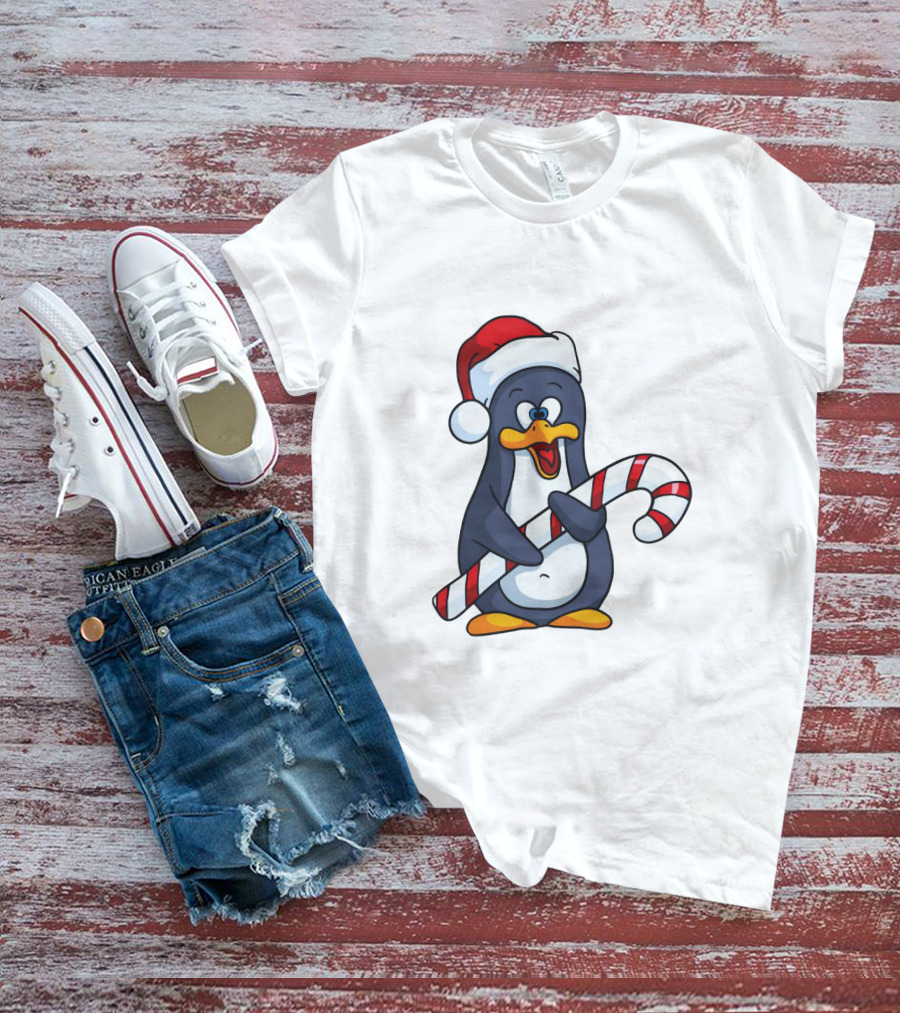 Jolly Christmas Penguin With Santa Hat And Candy Cane T-Shirt