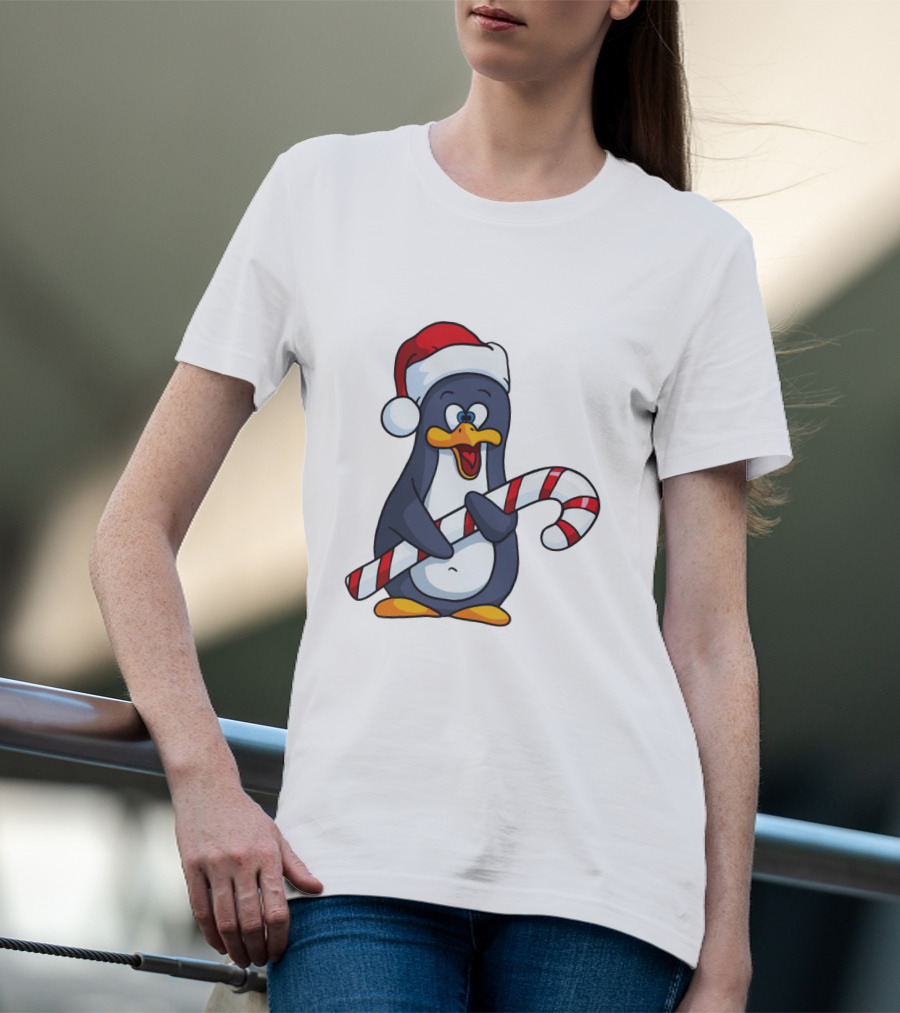 Jolly Christmas Penguin With Santa Hat And Candy Cane T-Shirt