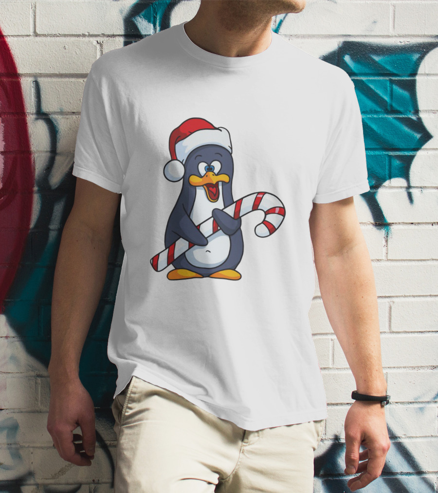 Jolly Christmas Penguin With Santa Hat And Candy Cane T-Shirt