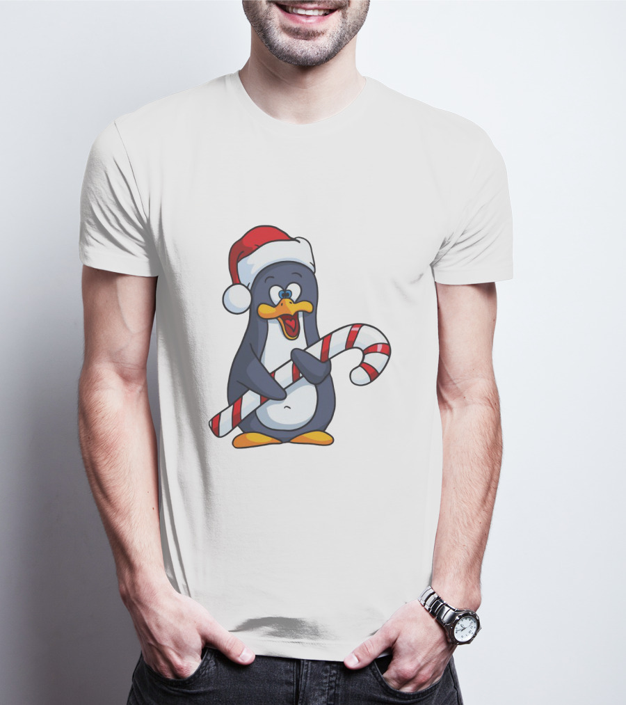 Jolly Christmas Penguin With Santa Hat And Candy Cane T-Shirt