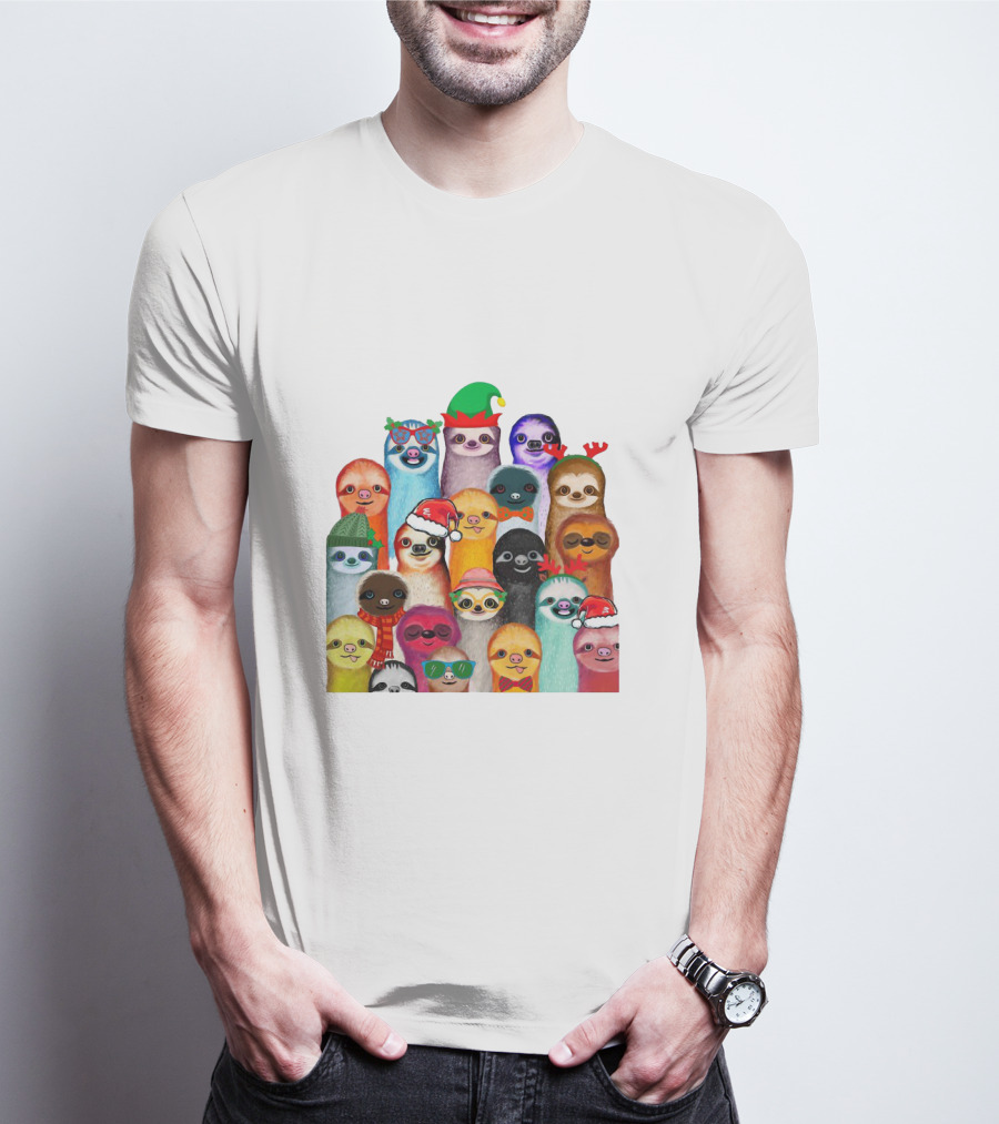 Christmas Sloths Wearing Festive Accessories And Colorful Hats T-Shirt