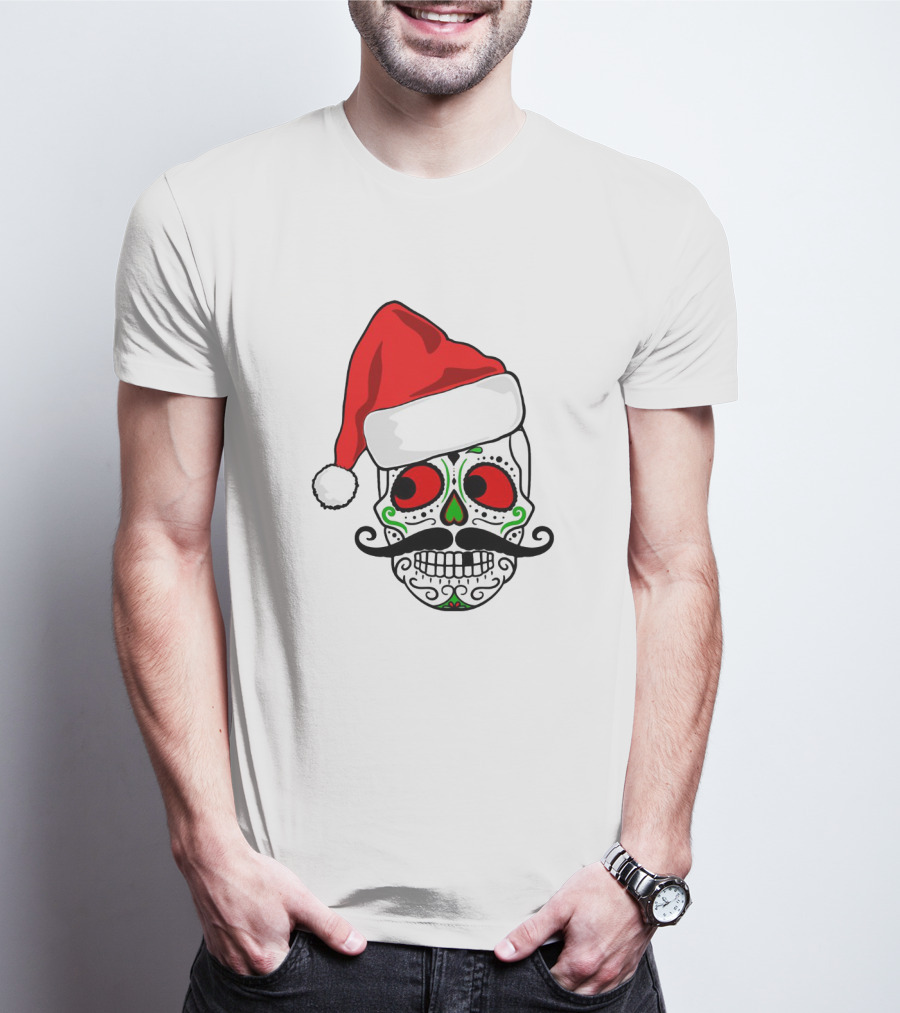 Santa Hat Festive Sugar Skull Christmas T-Shirt