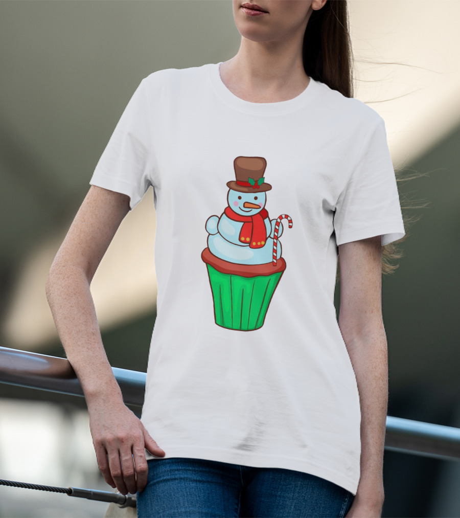 Xmas Cupcake Muffins With Snowman And Candy Cane Holiday T-Shirt