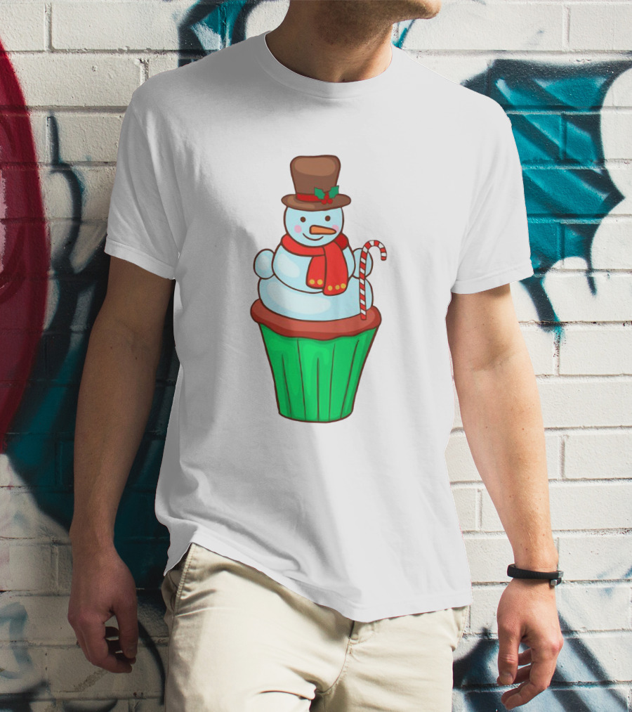 Xmas Cupcake Muffins With Snowman And Candy Cane Holiday T-Shirt