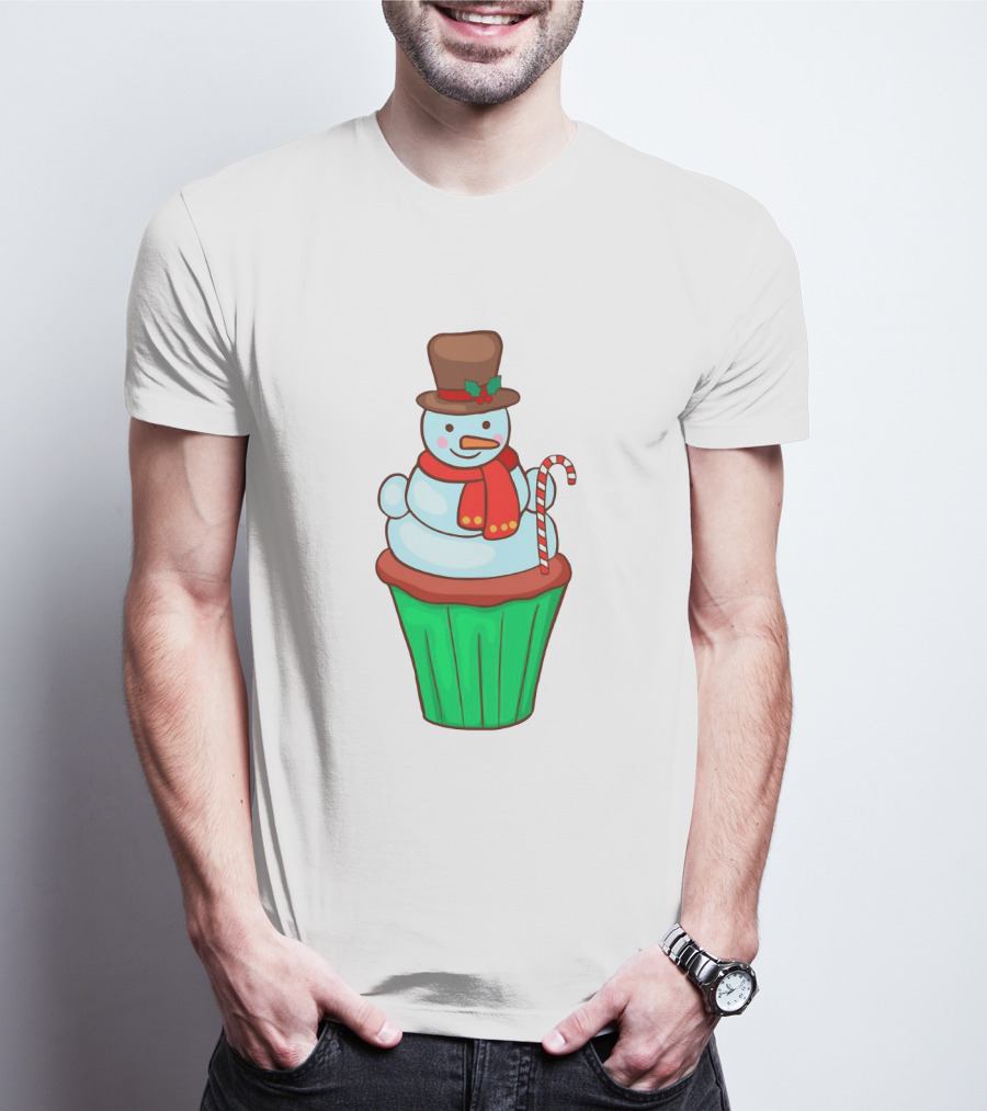 Xmas Cupcake Muffins With Snowman And Candy Cane Holiday T-Shirt