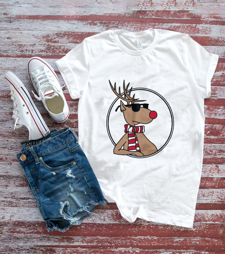 Deer Cool Reindeer In Sunglasses And Striped Scarf T-Shirt