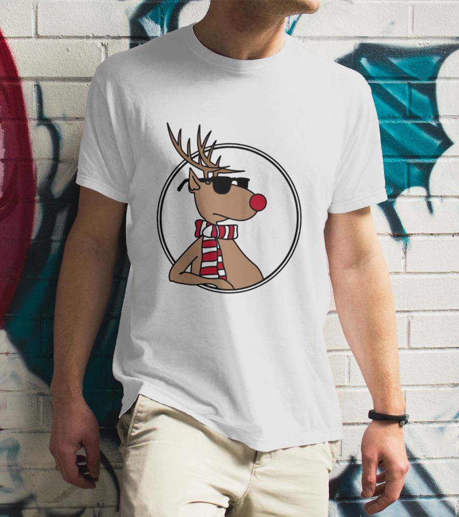 Deer Cool Reindeer In Sunglasses And Striped Scarf T-Shirt