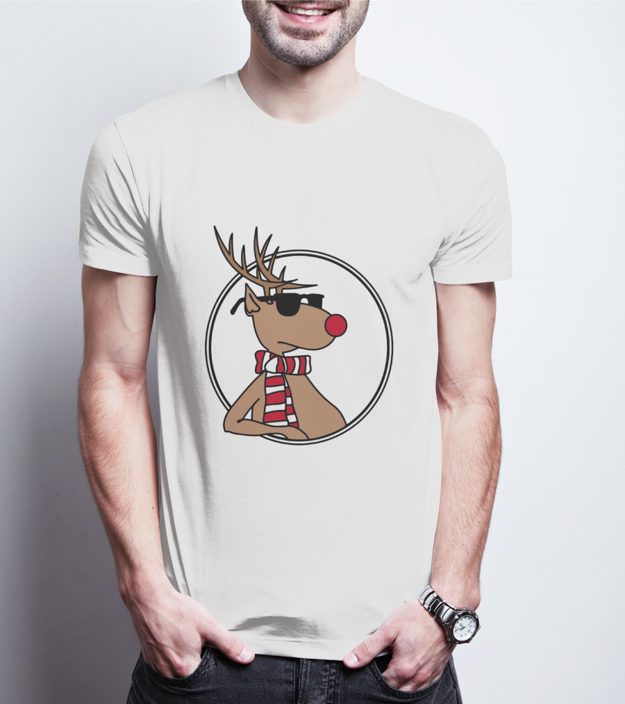 Deer Cool Reindeer In Sunglasses And Striped Scarf T-Shirt