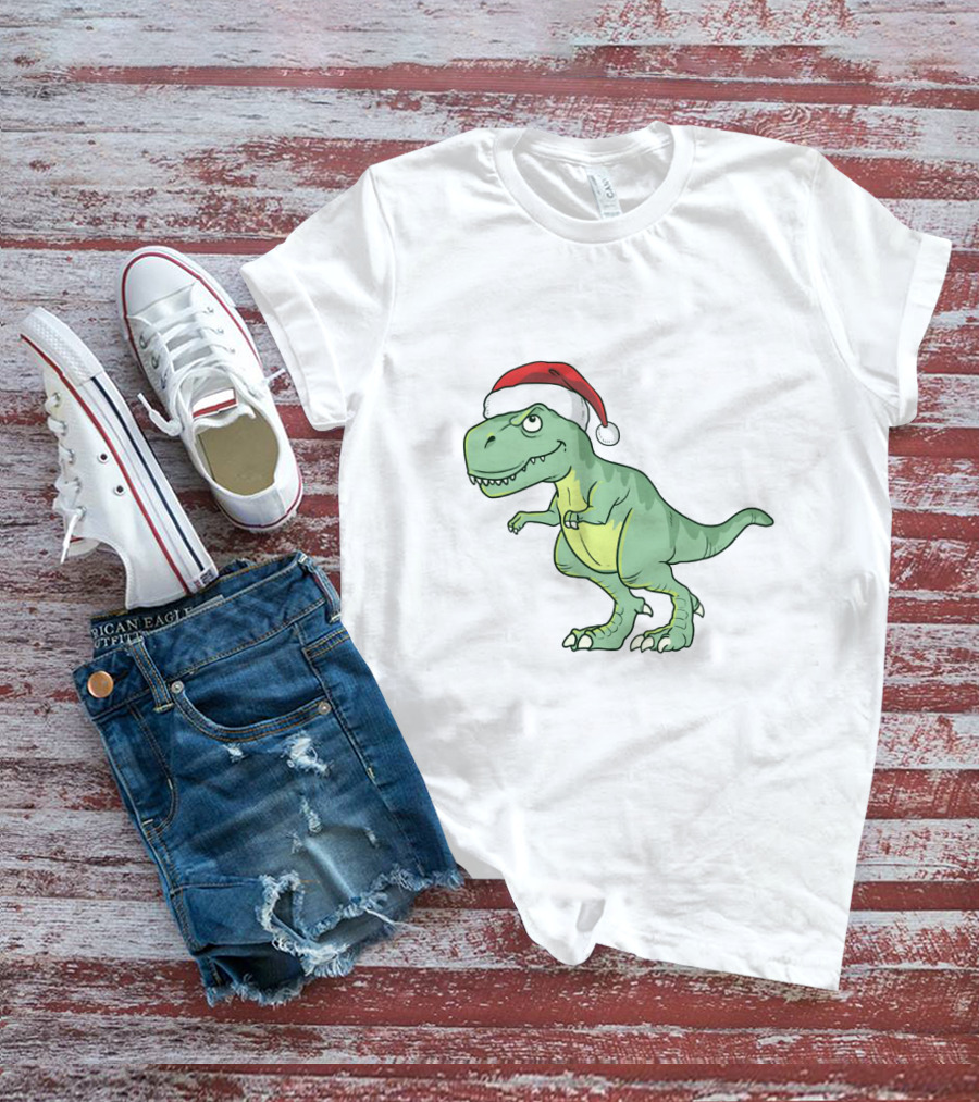 Christmas Dinosaur Wearing Santa Hat T-Shirt