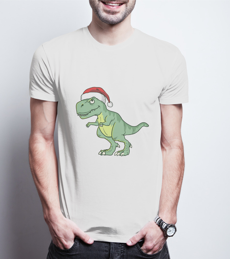 Christmas Dinosaur Wearing Santa Hat T-Shirt