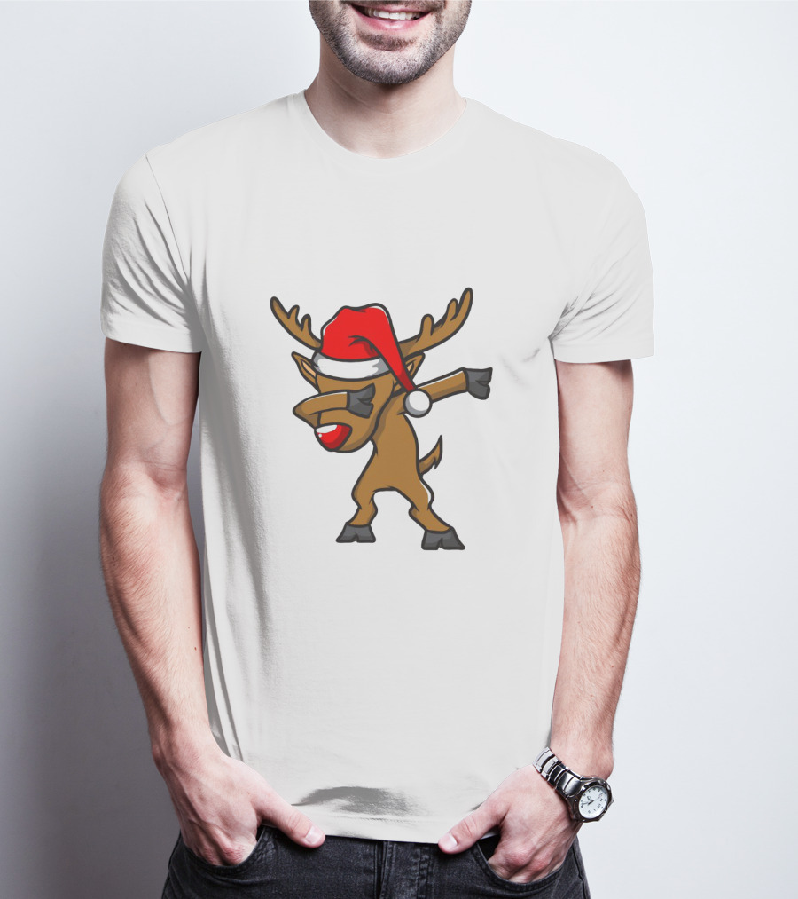 Funny Dabbing Reindeer With Santa Hat Christmas Costume T-Shirt
