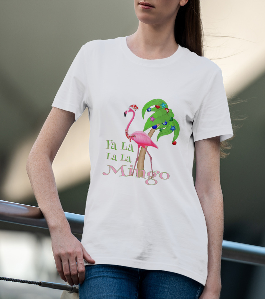 Festive Fa La La La Mingo Pink Flamingo Holiday Tropical Palm Tree T-Shirt