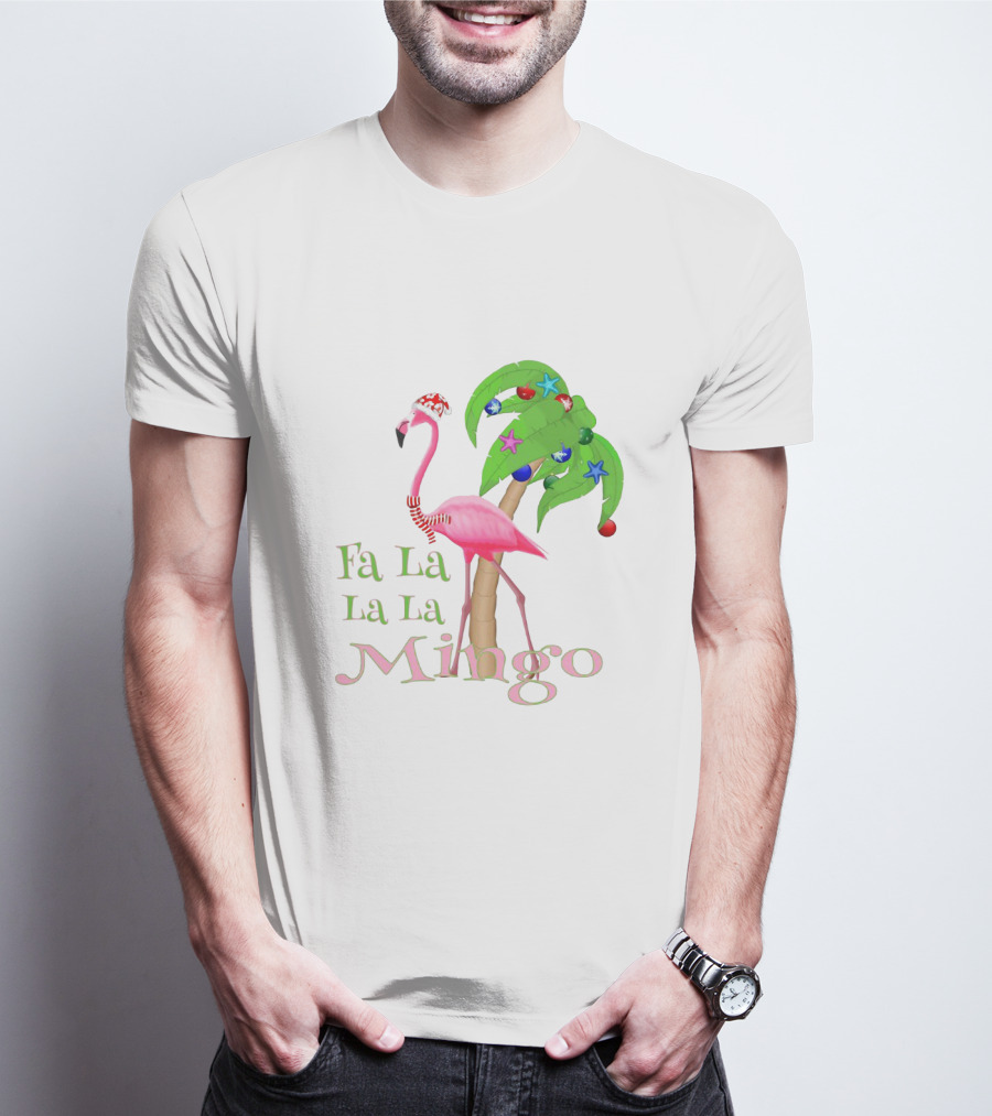 Festive Fa La La La Mingo Pink Flamingo Holiday Tropical Palm Tree T-Shirt