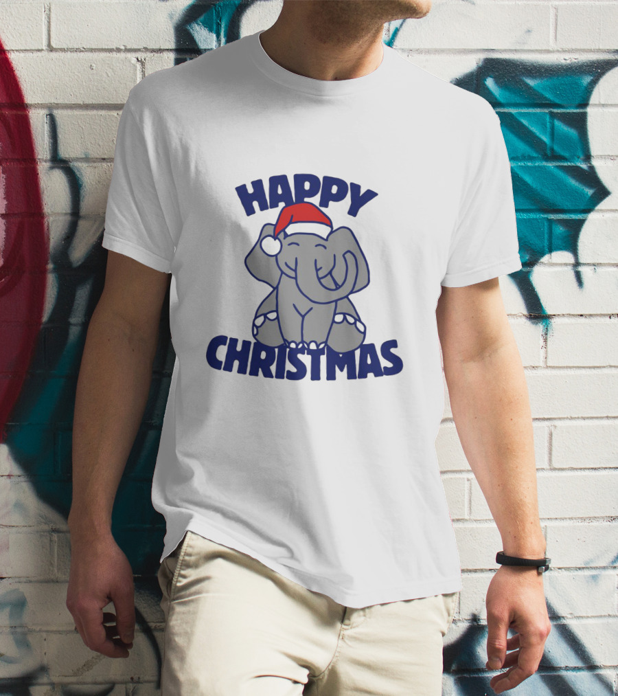 Happy Christmas Elephant With Santa Hat Festive T-Shirt