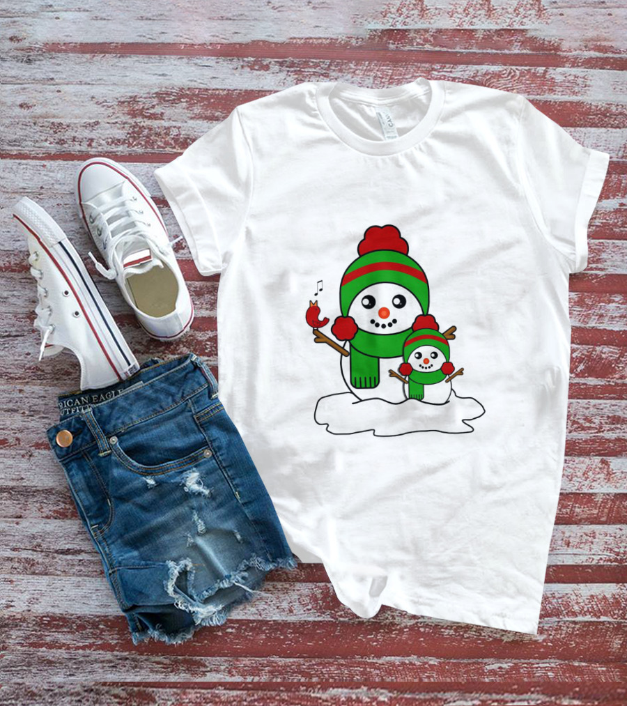 Happy Together Snowman And Singing Cardinal With Red And Green Winter Hats And Scarves T-Shirt