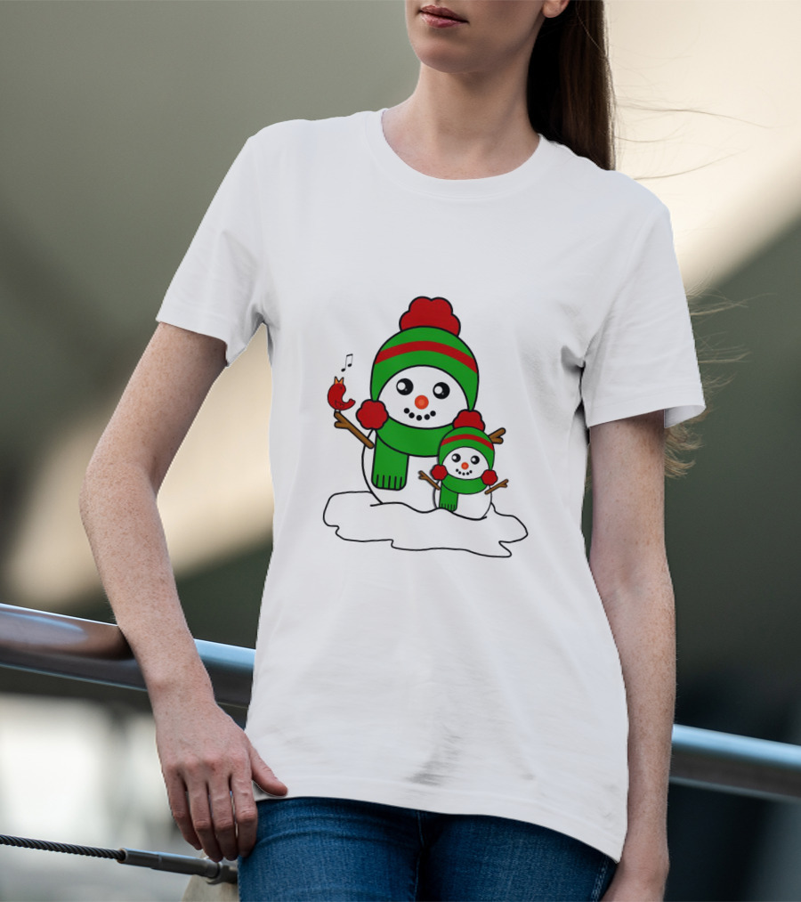 Happy Together Snowman And Singing Cardinal With Red And Green Winter Hats And Scarves T-Shirt