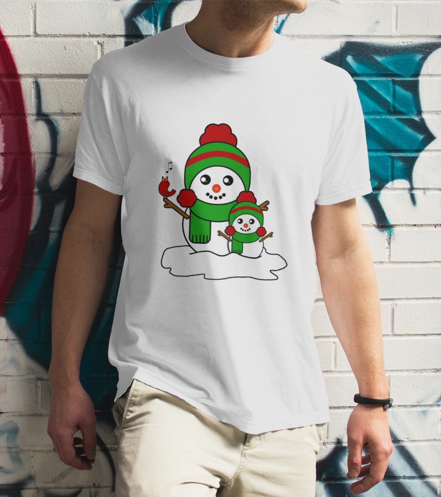 Happy Together Snowman And Singing Cardinal With Red And Green Winter Hats And Scarves T-Shirt