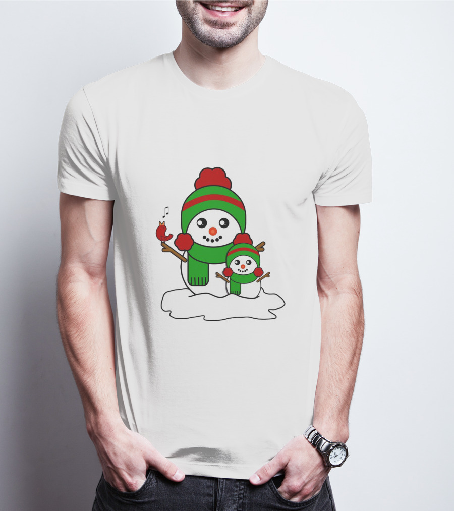 Happy Together Snowman And Singing Cardinal With Red And Green Winter Hats And Scarves T-Shirt