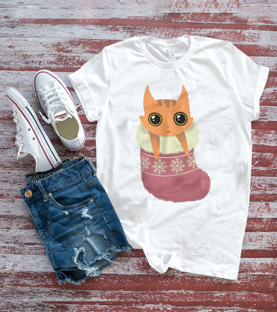 Adorable Orange Cat In Festive Christmas Stocking With Snowflake T-Shirt