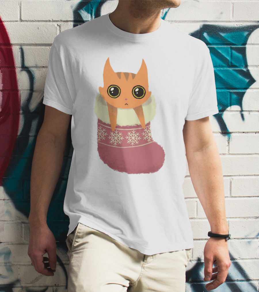 Adorable Orange Cat In Festive Christmas Stocking With Snowflake T-Shirt