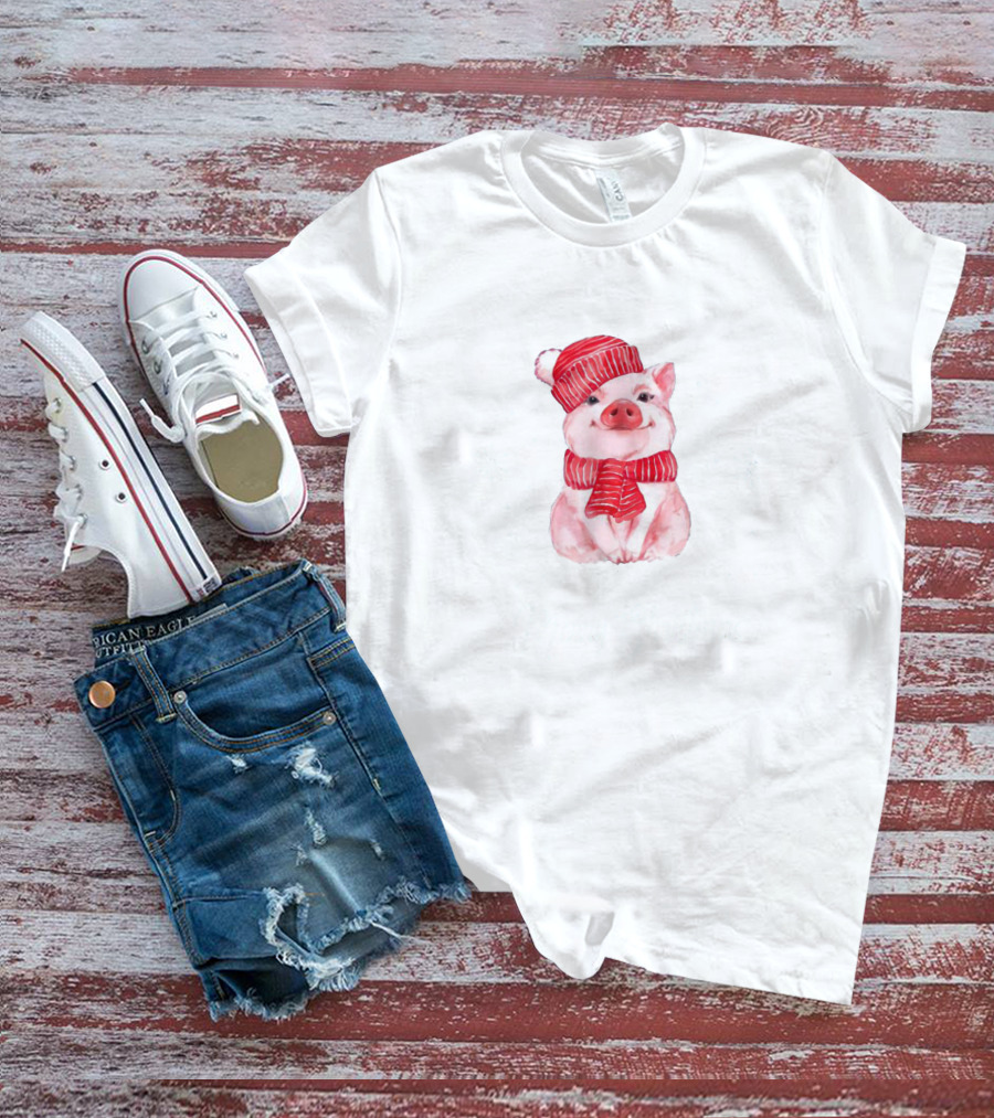 Merry Christmas Cute Pig With Red Scarf And Hat T-Shirt