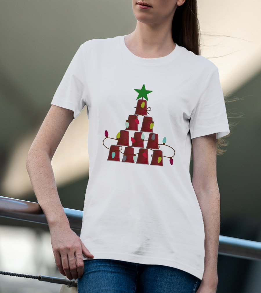 Red Cup Stacked Christmas Tree With Lights And Star Topper T-Shirt