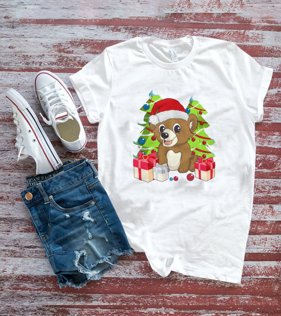Santa Cute Bear With Christmas Trees And Presents T-Shirt