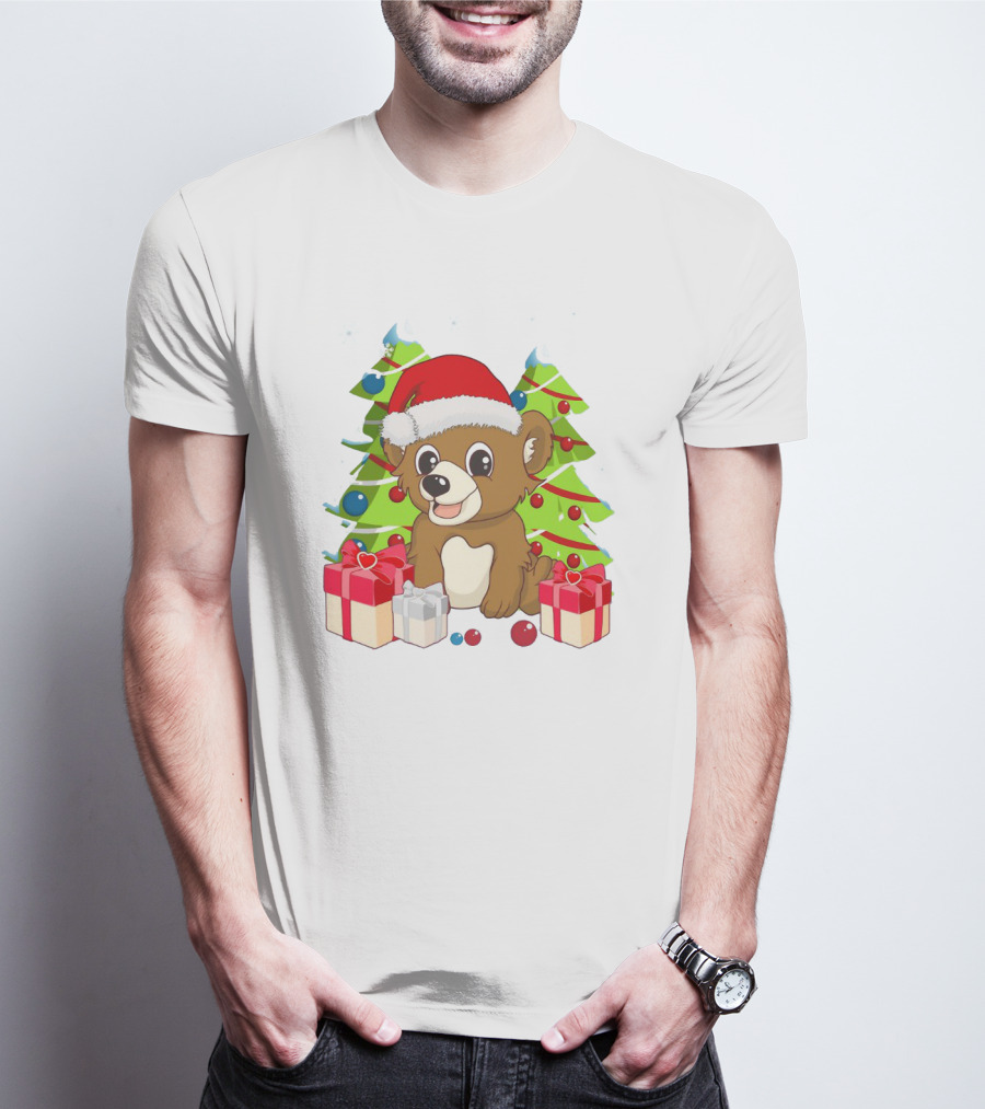 Santa Cute Bear With Christmas Trees And Presents T-Shirt