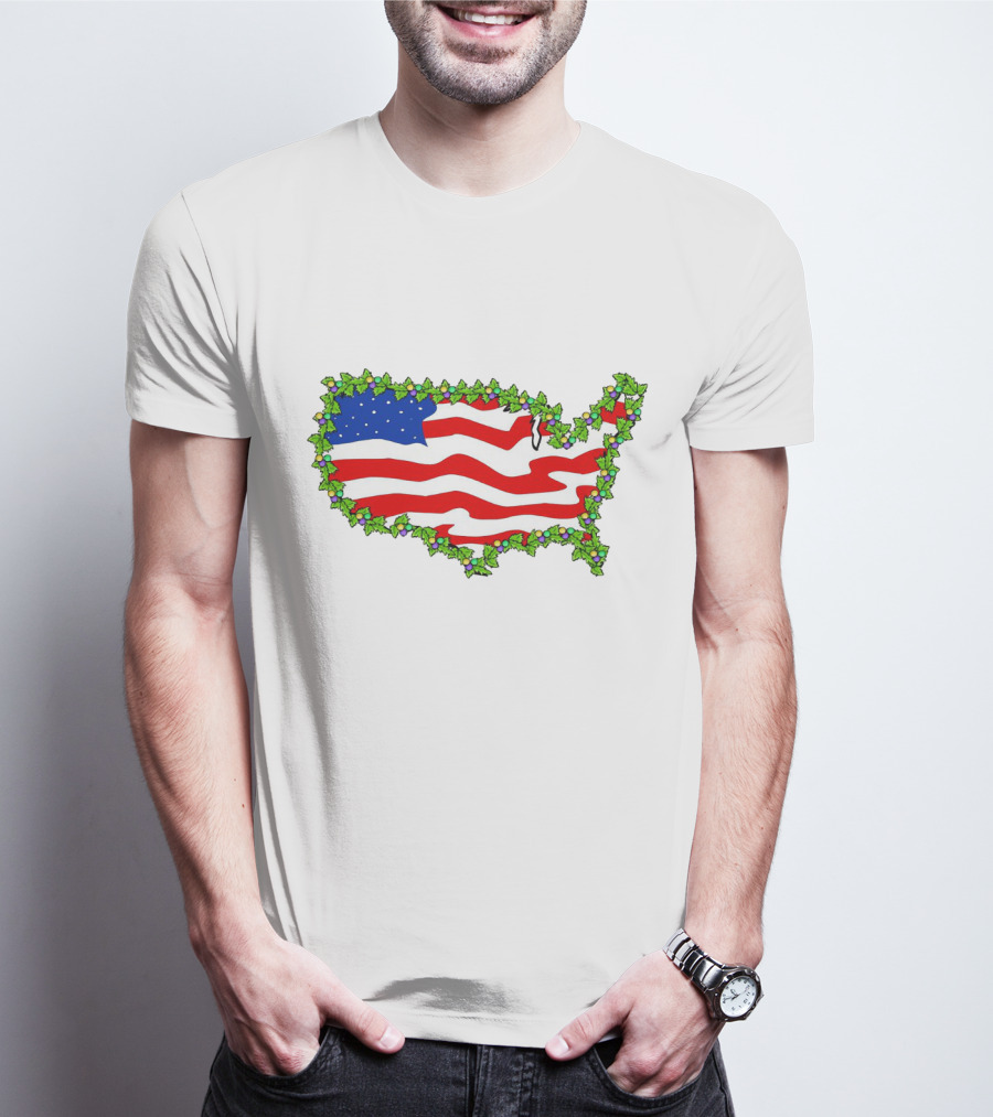 United States Map With Flag And Christmas Holly Decoration T-Shirt