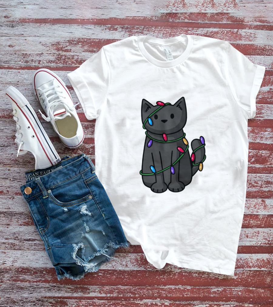 Wrapped Up In Lights Adorable Cat Tangled In Colorful Holiday String Bulbs T-Shirt