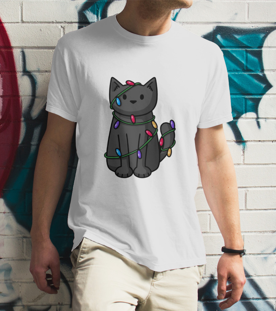 Wrapped Up In Lights Adorable Cat Tangled In Colorful Holiday String Bulbs T-Shirt