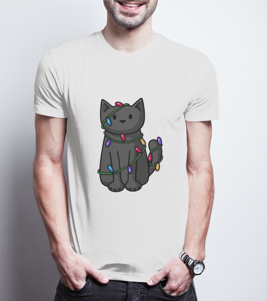 Wrapped Up In Lights Adorable Cat Tangled In Colorful Holiday String Bulbs T-Shirt