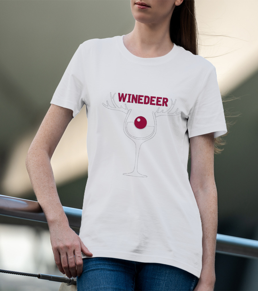 Winedeer Antlered Wine Glass With Festive Red Ball Accent T-Shirt