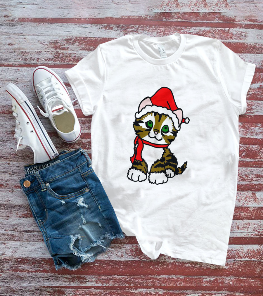 A Cute Tabby Kitten Dressed In Santa Hat And Scarf T-Shirt